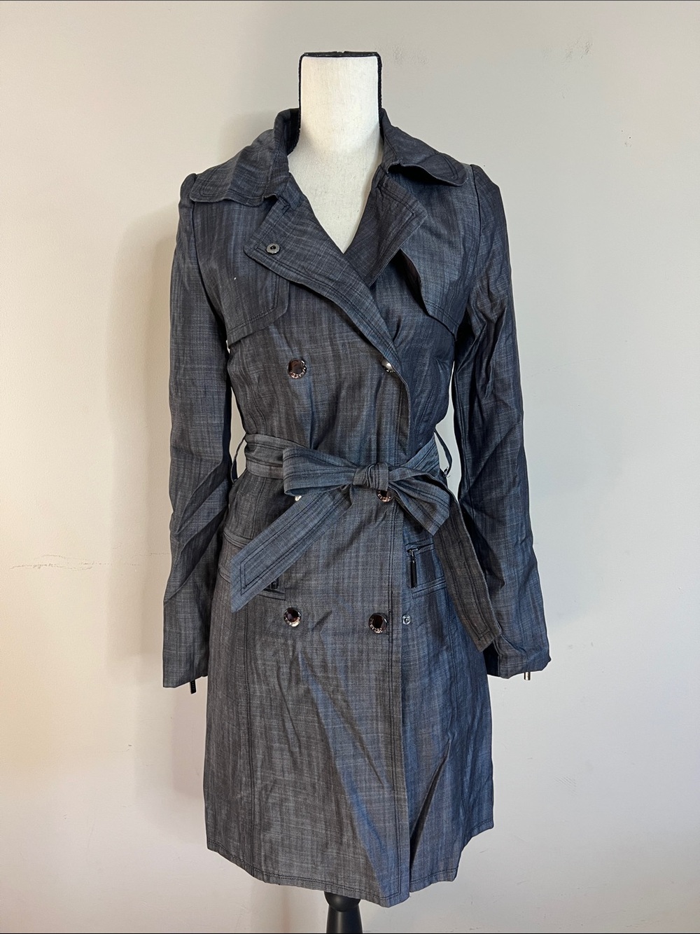 🍑🍊🎃Vertigo Paris Gray Double-Breasted Trench Coat with Tie Belt